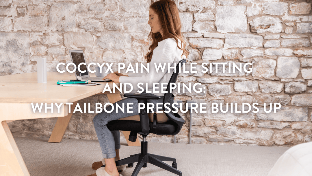 Person sitting at a desk using a Putnams coccyx cushion to relieve tailbone pain 