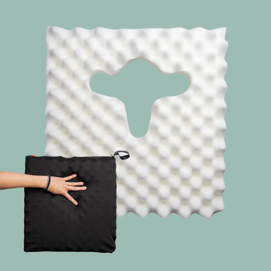 Ischial Bursitis Cushion for pressure relief and comfort- cut out discreet with cover. Handmade in the UK. 2 Year guarantee.